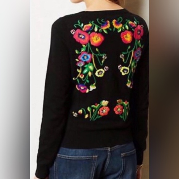Anthropologie HWR Monogram Black Cardigan with Colorful Floral Embroidery - Picture 2 of 5
